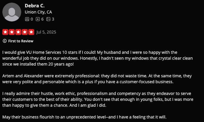 Yelp review from Debra C. in Union City, CA