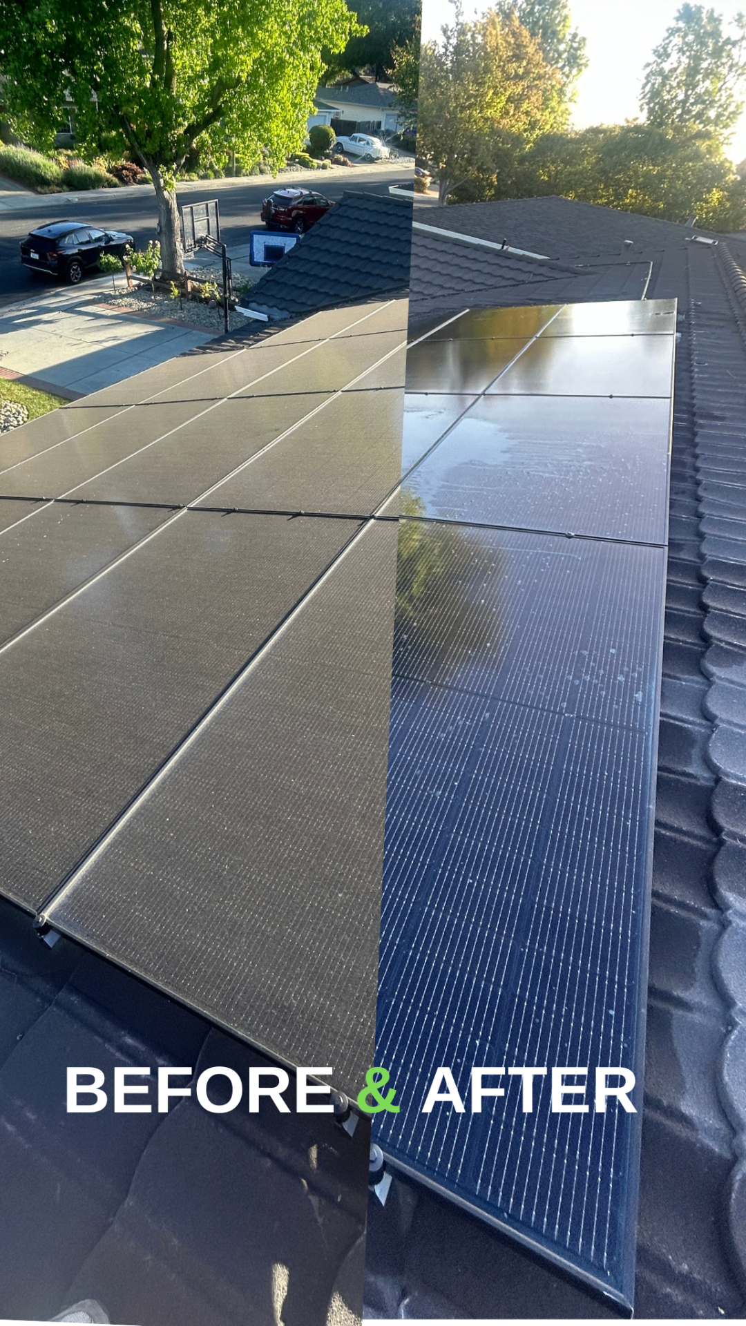 Before and after of solar panel cleaning